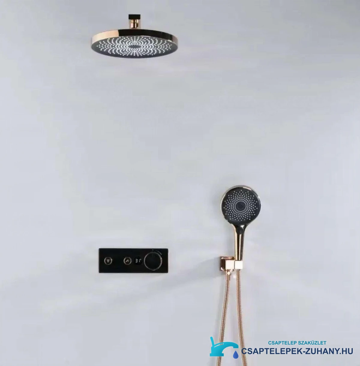ELITE EDITION BCS1603 luxus termosztátos zuhanyrendszer — elölnézet kijelzővel és kézizuhannyal
