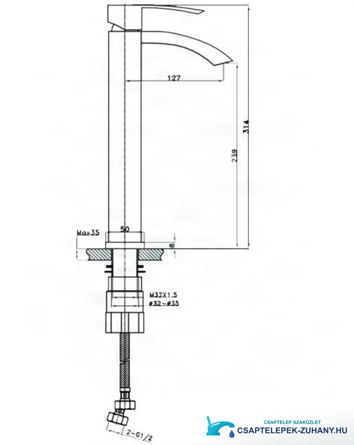 Az EYN 017 csaptelep műszaki rajza (314 mm, kinyúlás 127 mm)