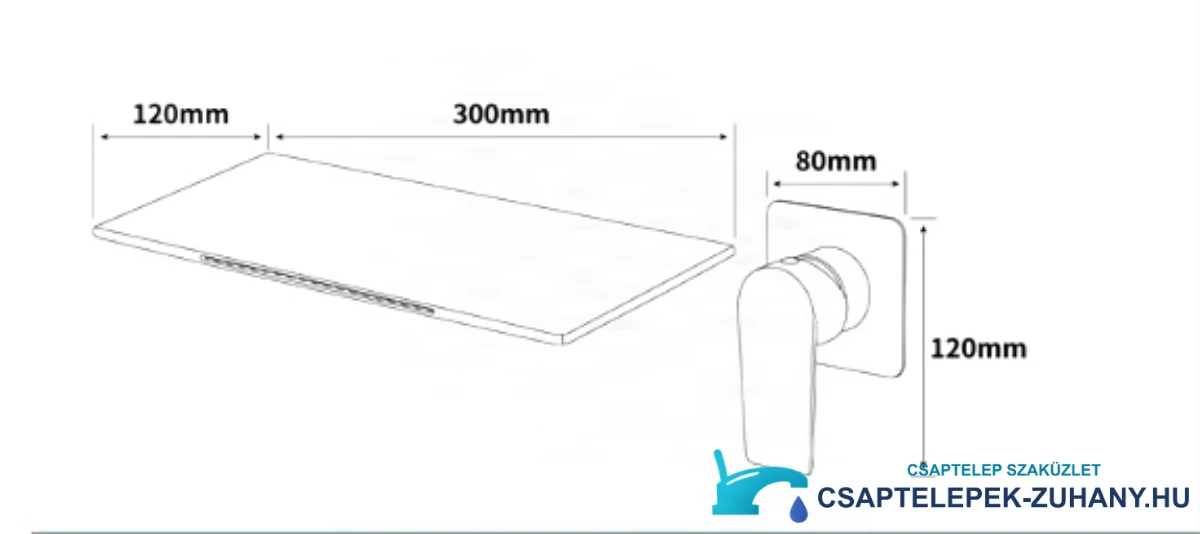 A BSW1722 vízesés csaptelep műszaki rajza 300 × 120 mm-es kifolyóval és 80 × 120 mm-es rozettával