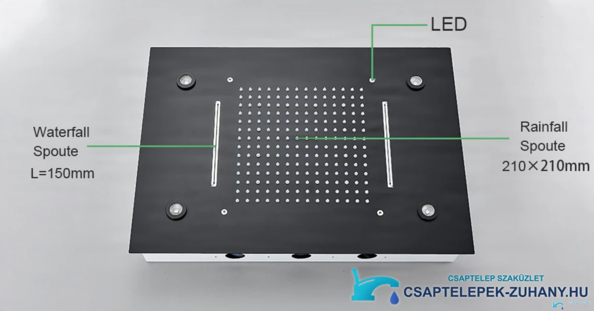A PT8899 LED-es rendszer jellemzői: esőztető és két vízeséskifolyó