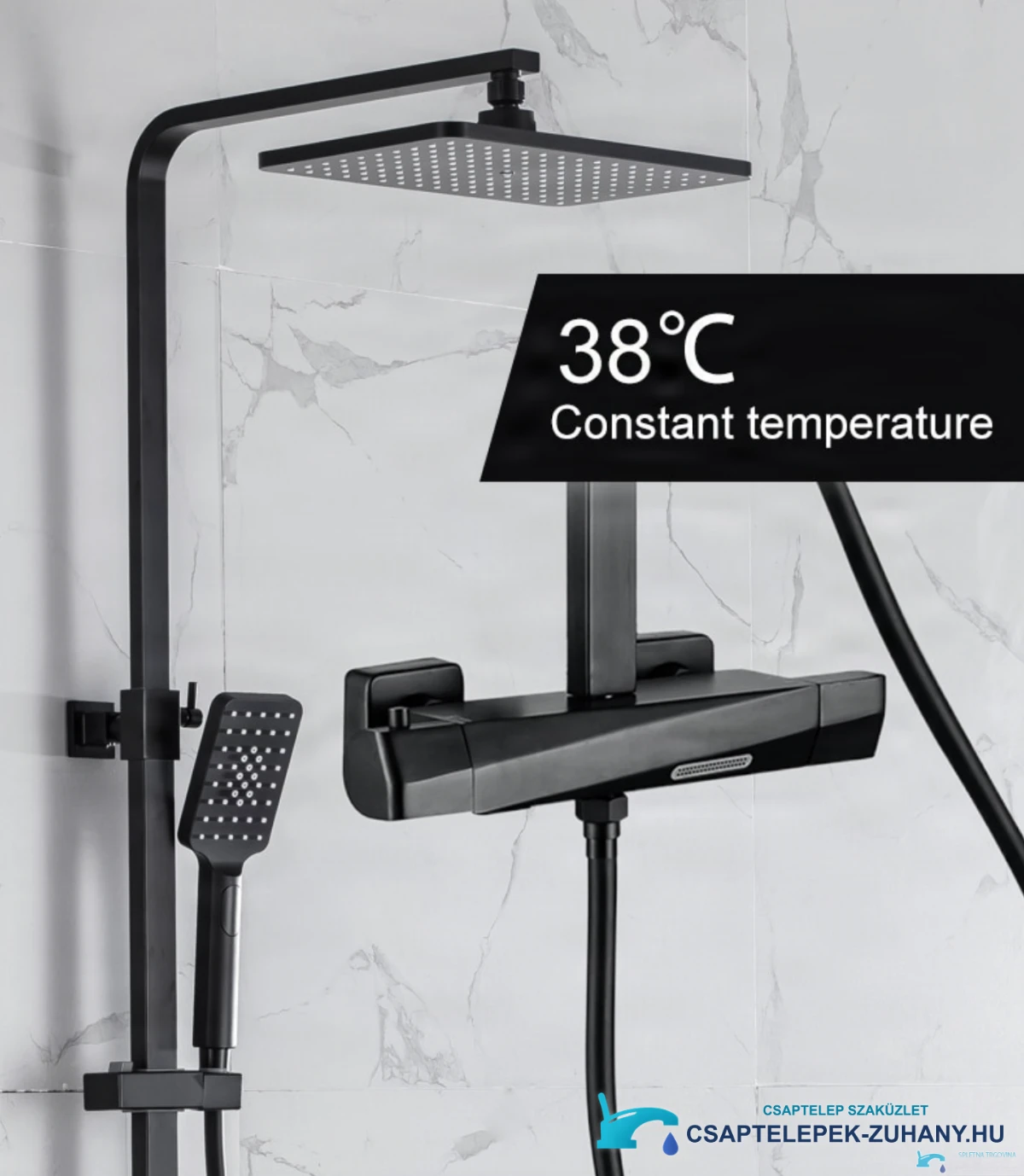 Az EYN TB1751 falon kívüli termosztátos zuhanyrendszer hőmérséklet-szabályozása 38 °C-on