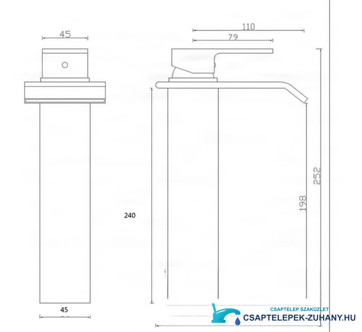 Az EYN103 csaptelep műszaki rajza (252 × 45 mm, kinyúlás 110 mm)