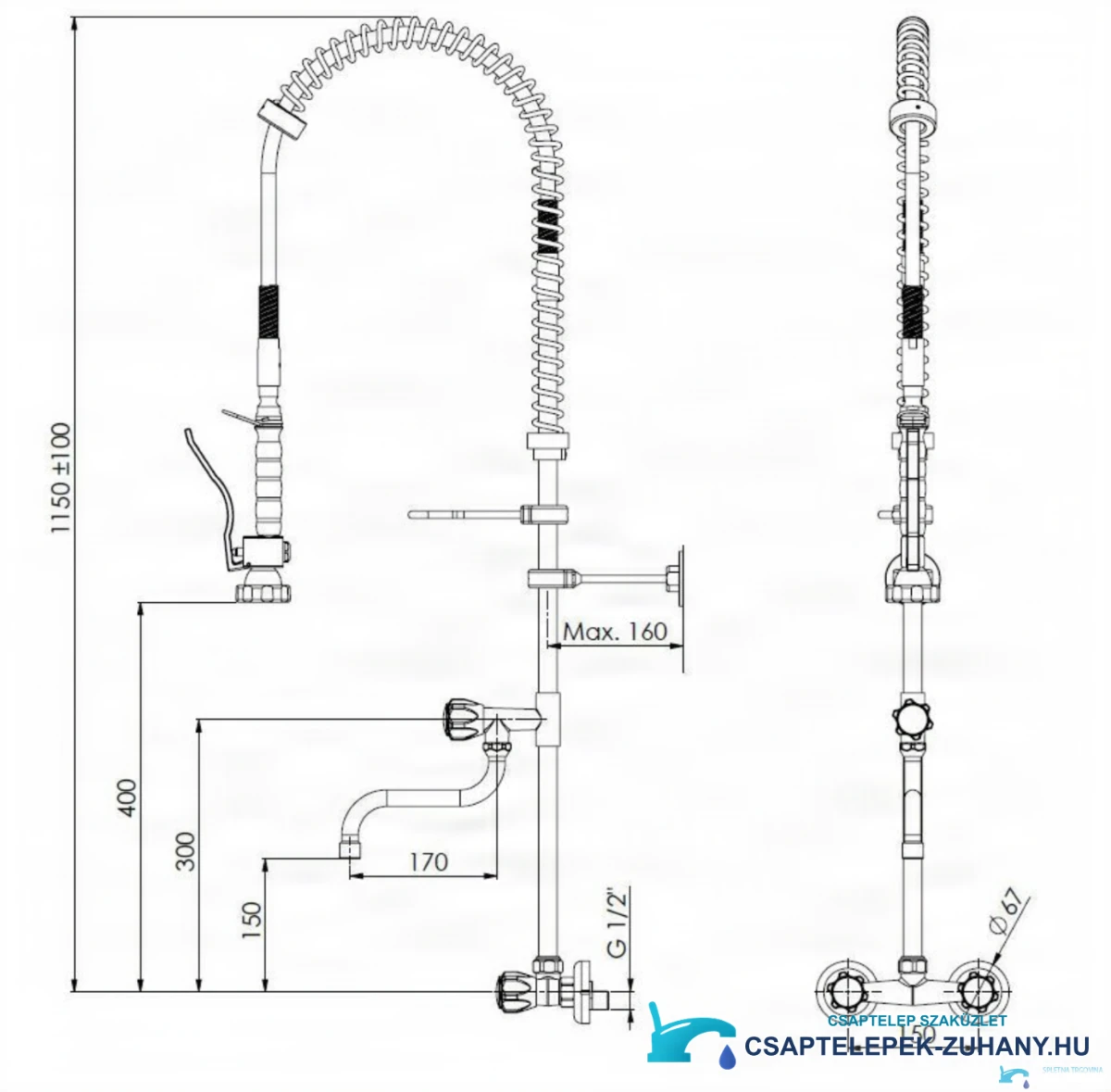 Az SPRO1228 fali csaptelep műszaki rajza (1150 ±100 mm, G 1/2)