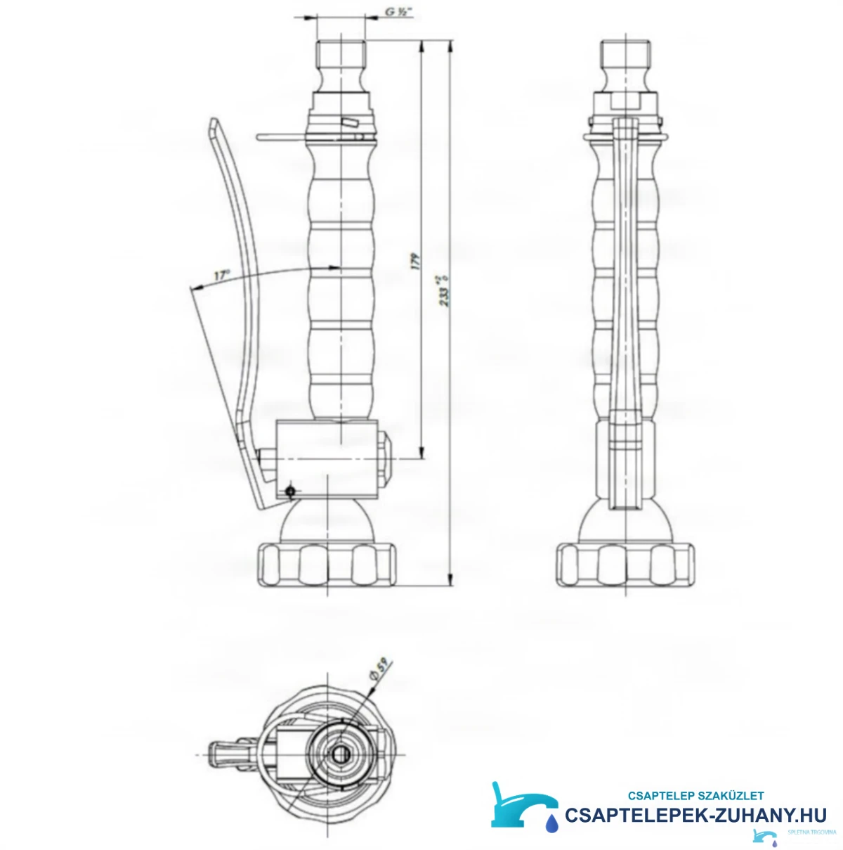 A GL1809 ipari zuhanyfej műszaki rajza (233 mm, G 1/2)