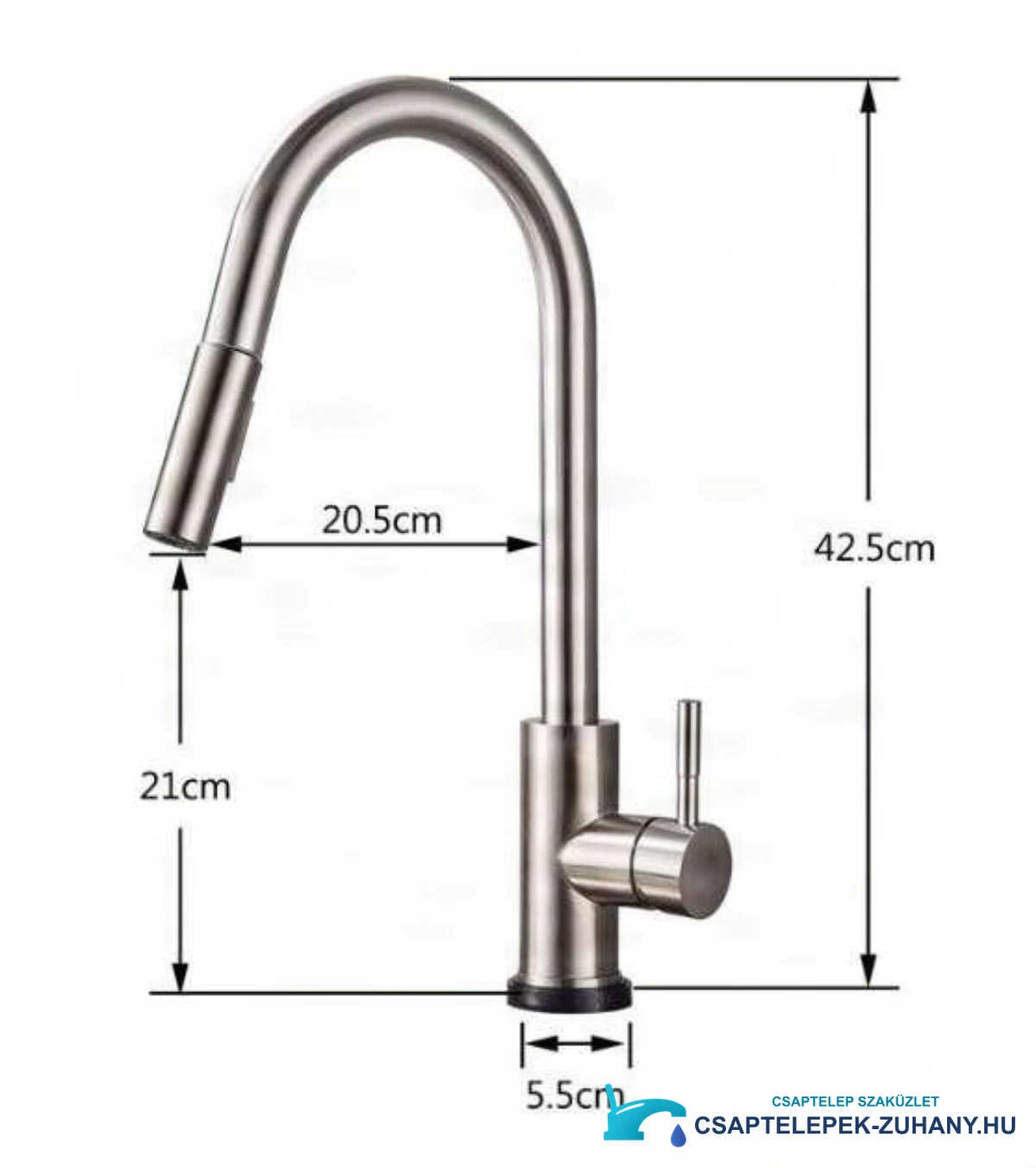 A BS1333 érintésvezérlésű konyhai csaptelep műszaki rajza (42,5 cm magas, 20,5 cm kinyúlás)