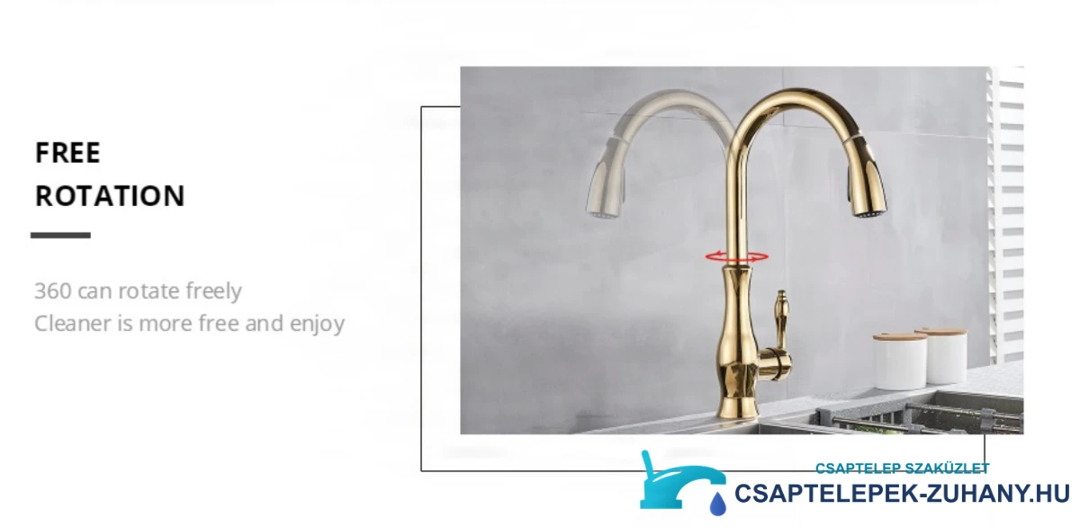Elegáns KZI5517 kihúzható konyhai csaptelep fényes arany kivitelben