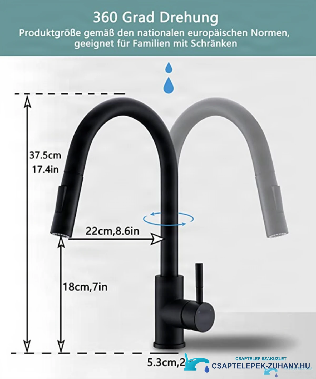 Az NT1354 konyhai csaptelep műszaki rajza (37,5 cm magas, 22 cm kinyúlás)