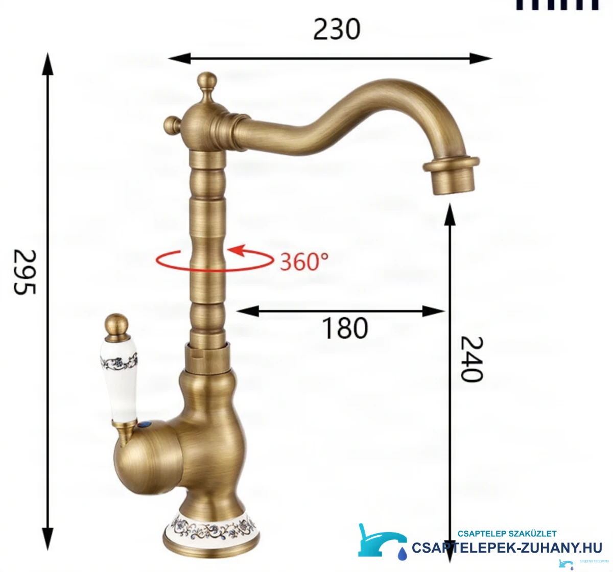 Az AQ1129 álló csaptelep műszaki rajza 295 mm-es magassággal és 230 mm-es kinyúlással