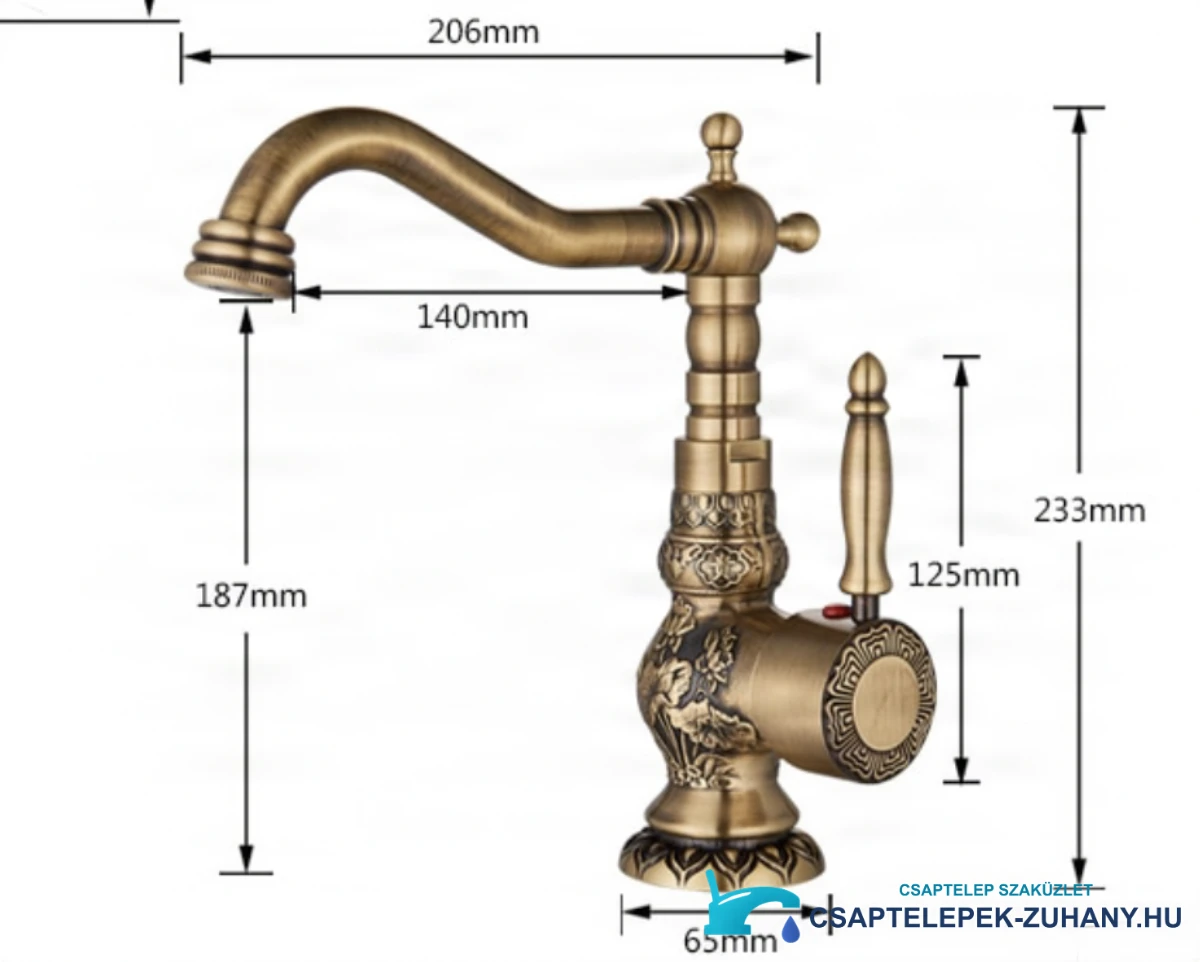 Az AQB1600 mosdócsaptelep műszaki rajza, 233 mm magas és 206 mm széles
