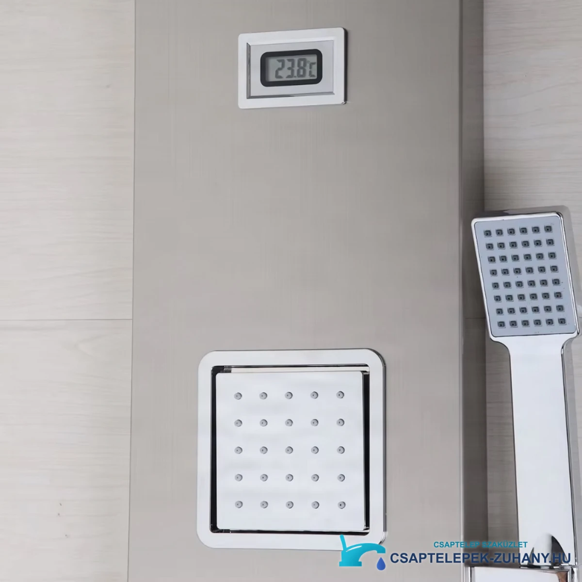 EYN TP1554 zuhanypanel elölnézete digitális kijelzővel, testfúvókákkal és kézizuhannyal
