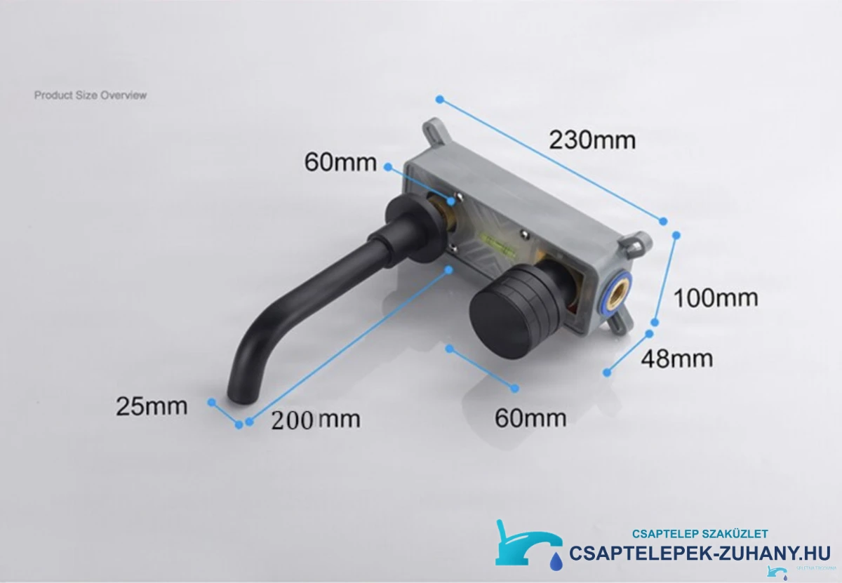 Az ELITE EDITION BSW1447 falba süllyesztett csaptelep méretei: test 230 × 100 × 48 mm, kifolyó 200 mm