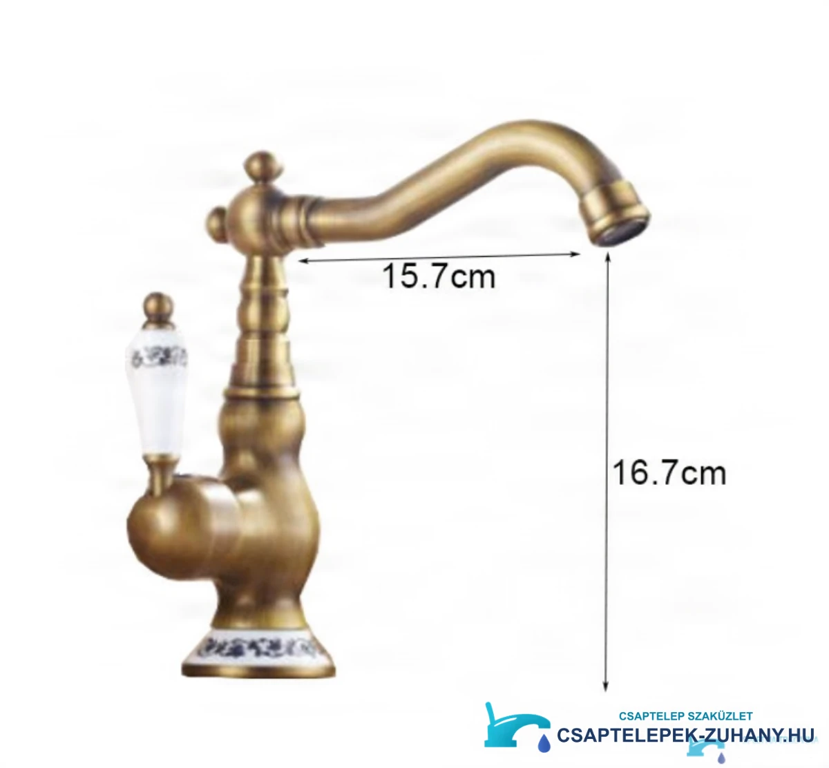 Az AQ1129 álló csaptelep műszaki rajza 15,7 cm-es kinyúlással és 16,7 cm-es magassággal