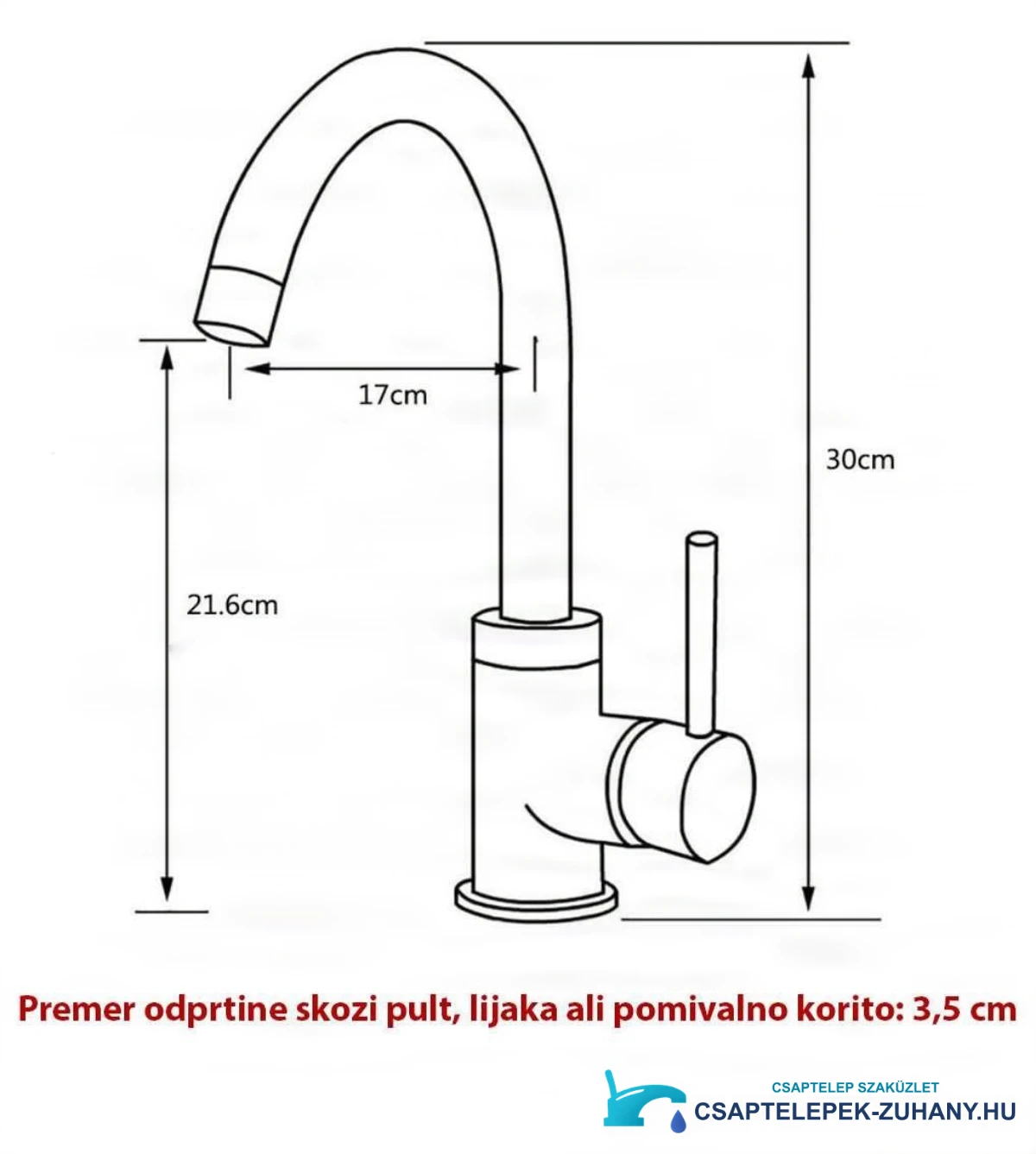 Az EYN NT1255 csaptelep műszaki rajza: 30 cm magas, 17 cm kinyúlású