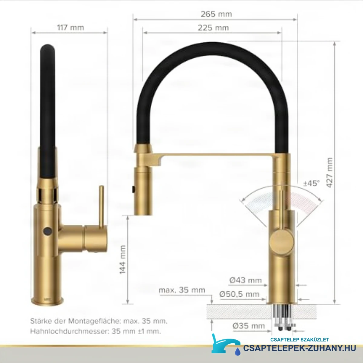 Az ELITE EDITION KF1445 műszaki rajza 427 mm-es magassággal és 265 mm-es szélességgel
