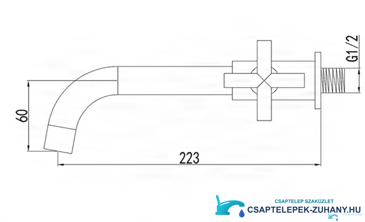 A WB1414 hidegvizes fali csaptelep műszaki rajza (223 × 60 mm, G1/2)