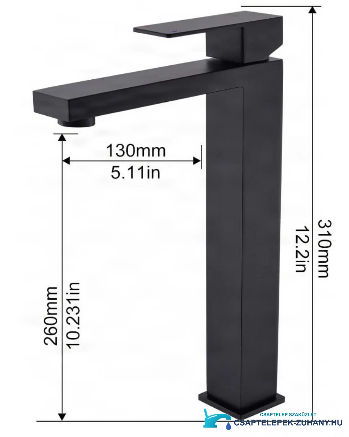 Fekete BC1320 csaptelep: 310 mm magas, 260 mm kifolyómagasság, 130 mm kinyúlás
