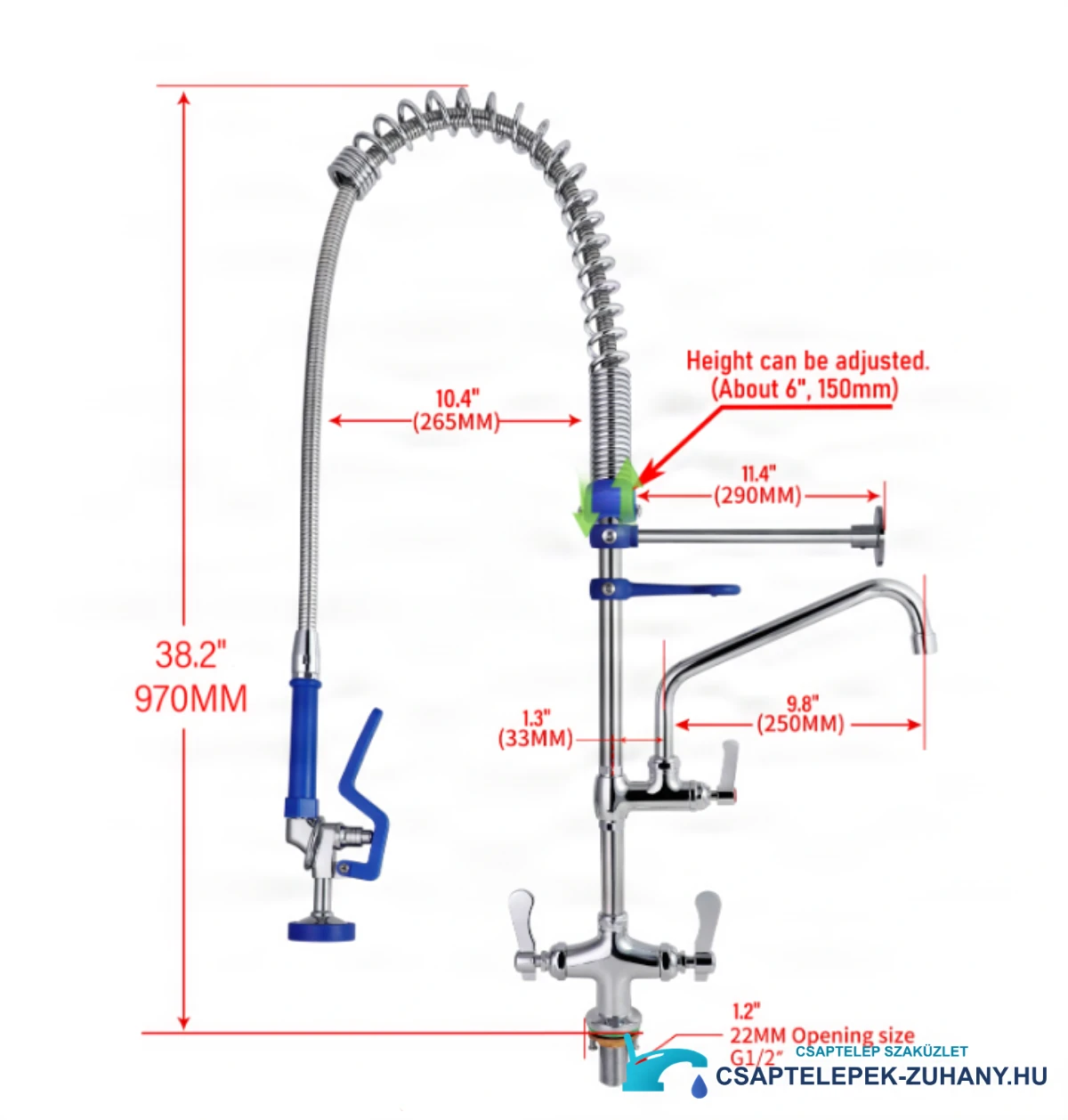 Az Elite Edition PRO2189 műszaki rajza 970 mm teljes magassággal és G1/2 csatlakozással