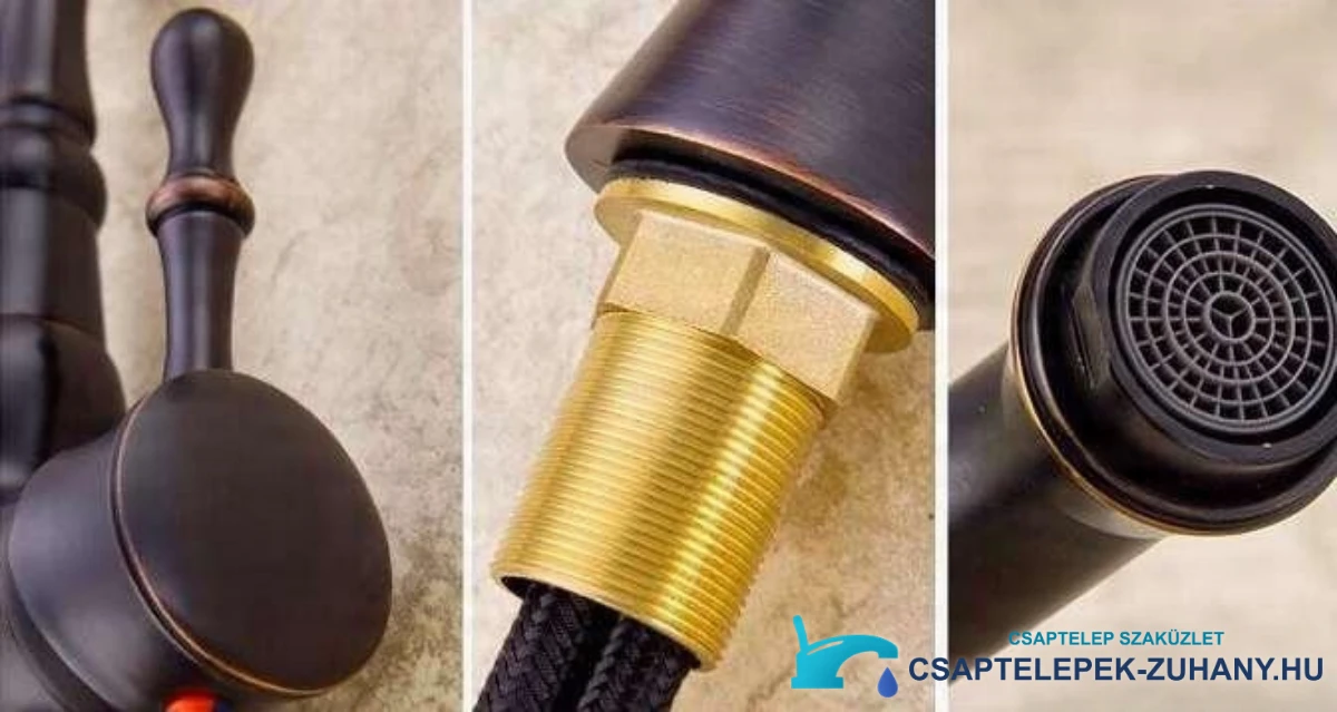 A CKB2255 retro csaptelep szabályozókarjának, menetes szárának és perlátorának részletei