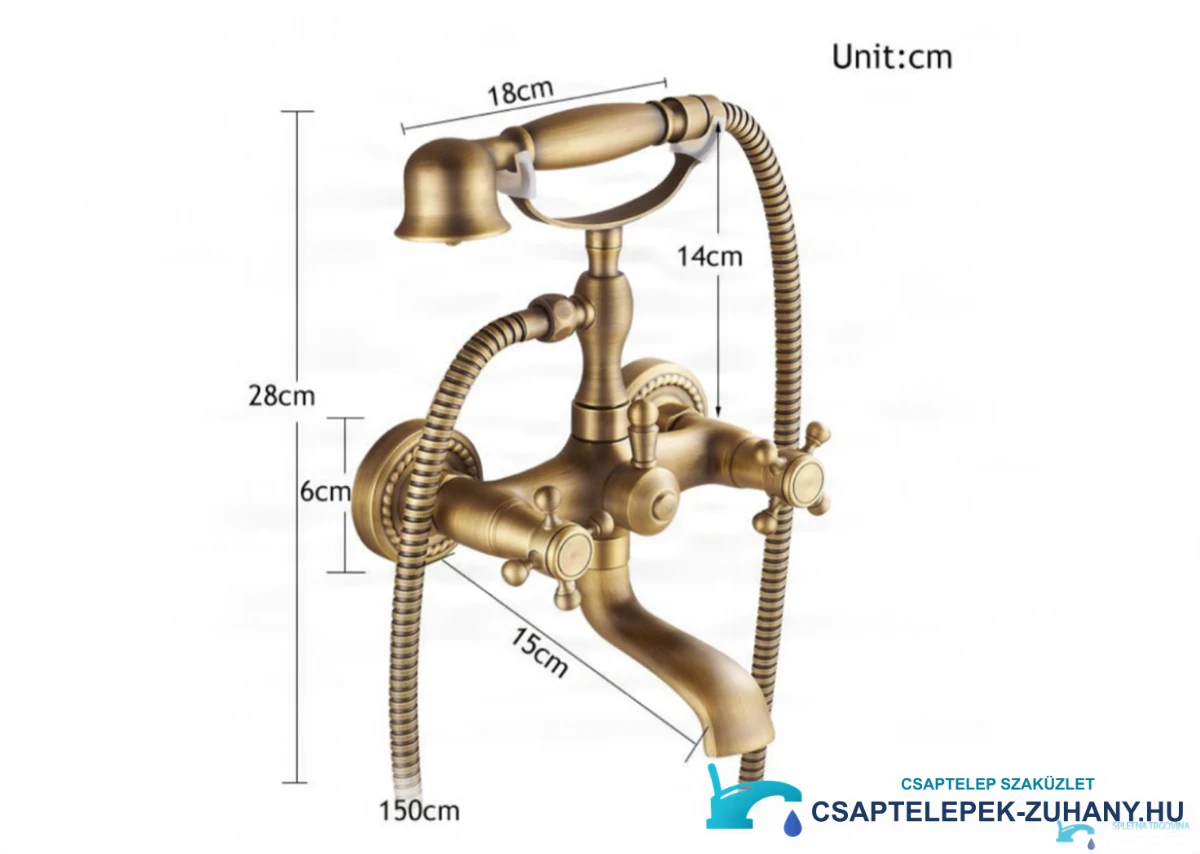 A KAQ1305 antik kádtöltő csaptelep műszaki rajza (28 cm, zuhany 18 cm, tömlő 150 cm)