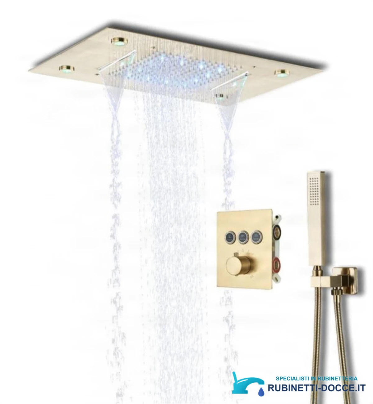 Sistema doccia da incasso EYN PT8899 con LED, termostato, cascata e getti multipli, in più finiture tra cui nero opaco e cromo