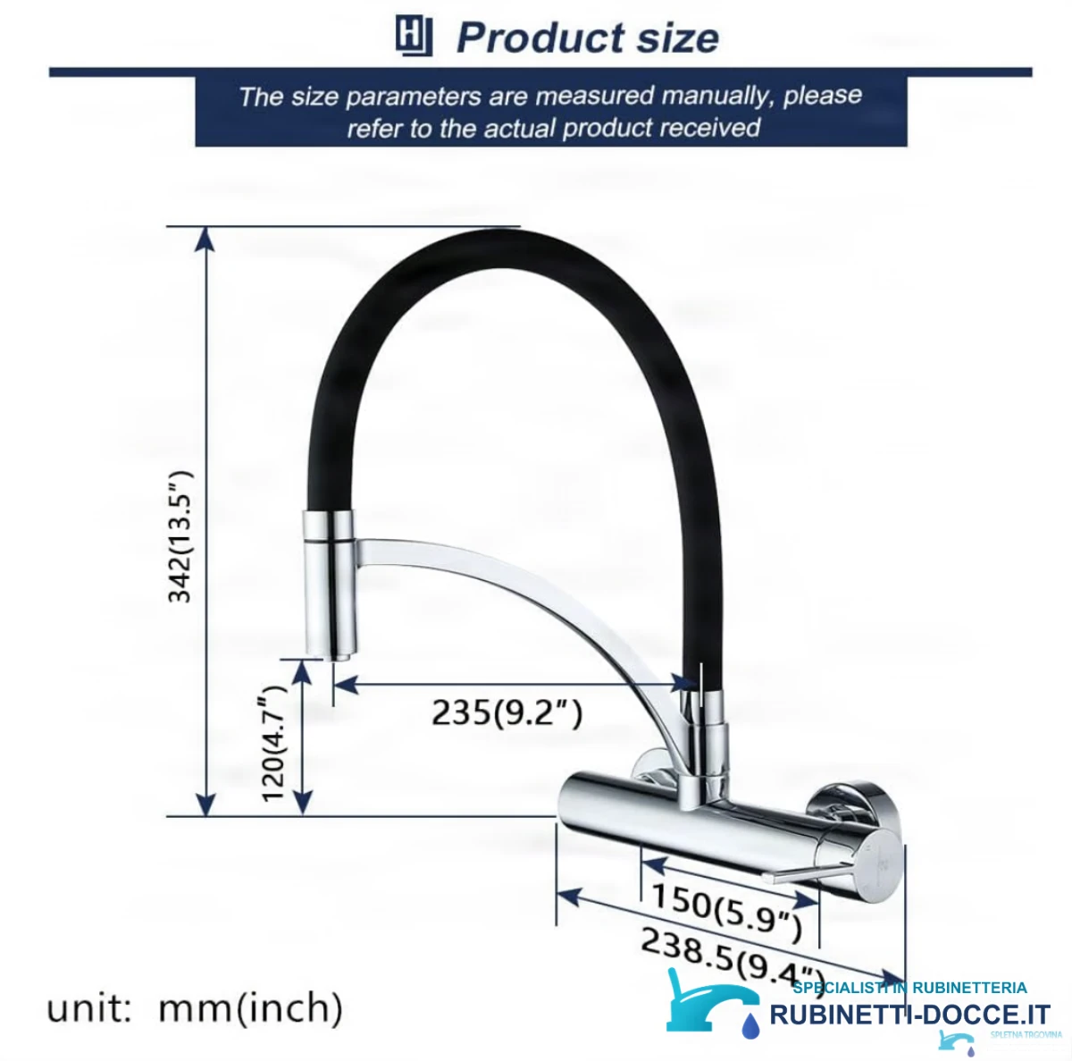 Disegno tecnico del rubinetto cucina a parete WL1026: altezza 342 mm e profondità 235 mm