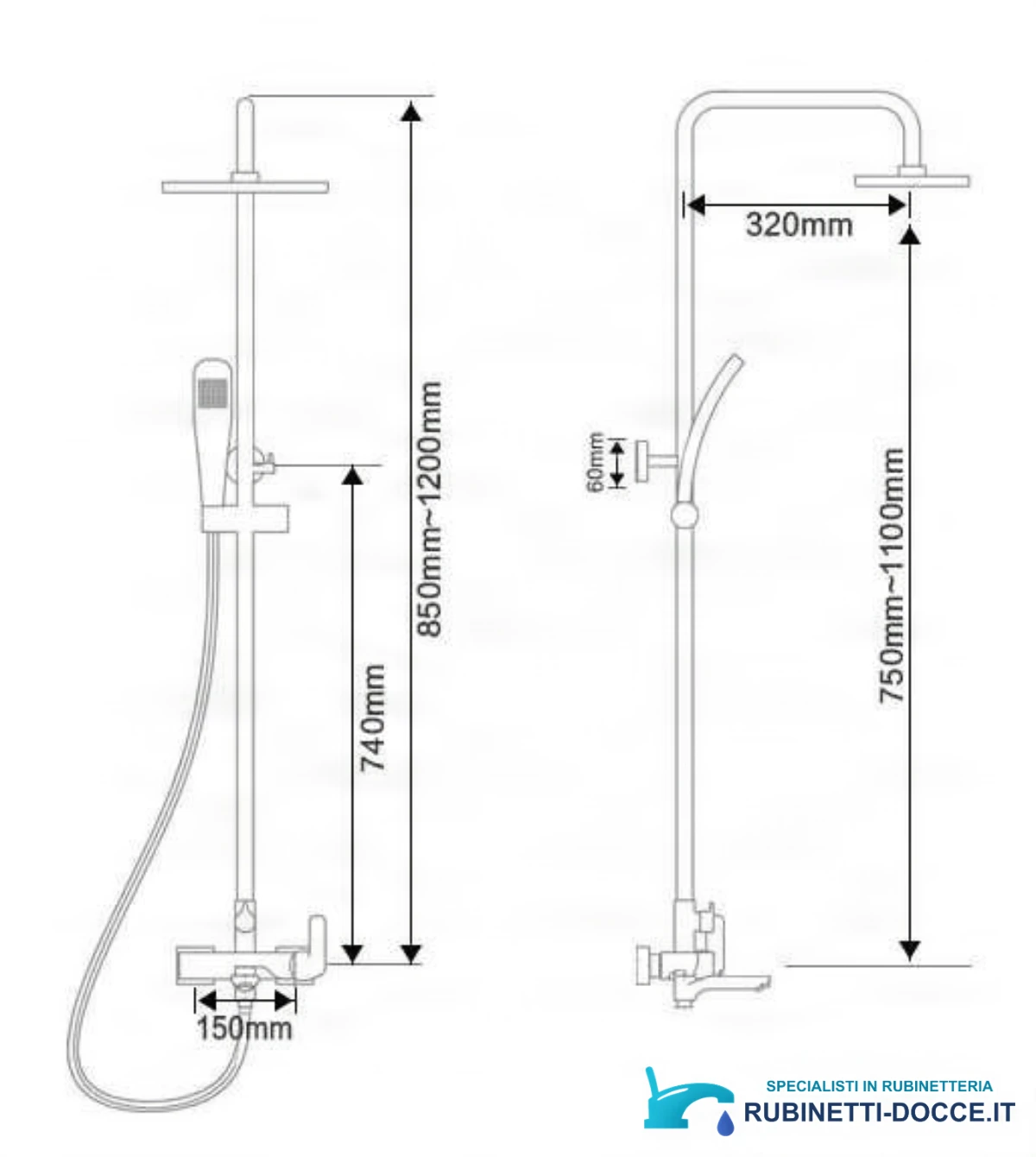 Disegno tecnico EYN NTA1601: 850–1200 mm, sporgenza 320 mm