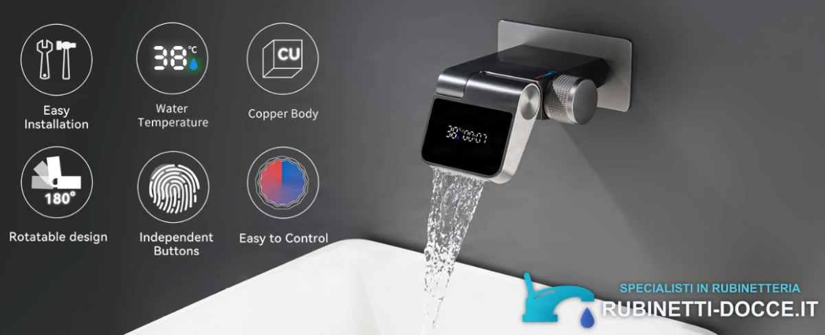 Rubinetto da parete ELITE EDITION BSW1500 con display della temperatura e bocca a cascata girevole a 180°, in più finiture