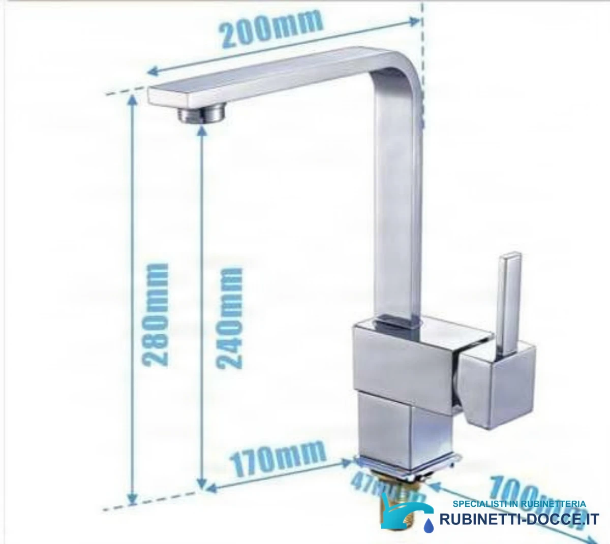 Disegno tecnico del miscelatore EYN0113, altezza 280 mm e sporgenza 200 mm