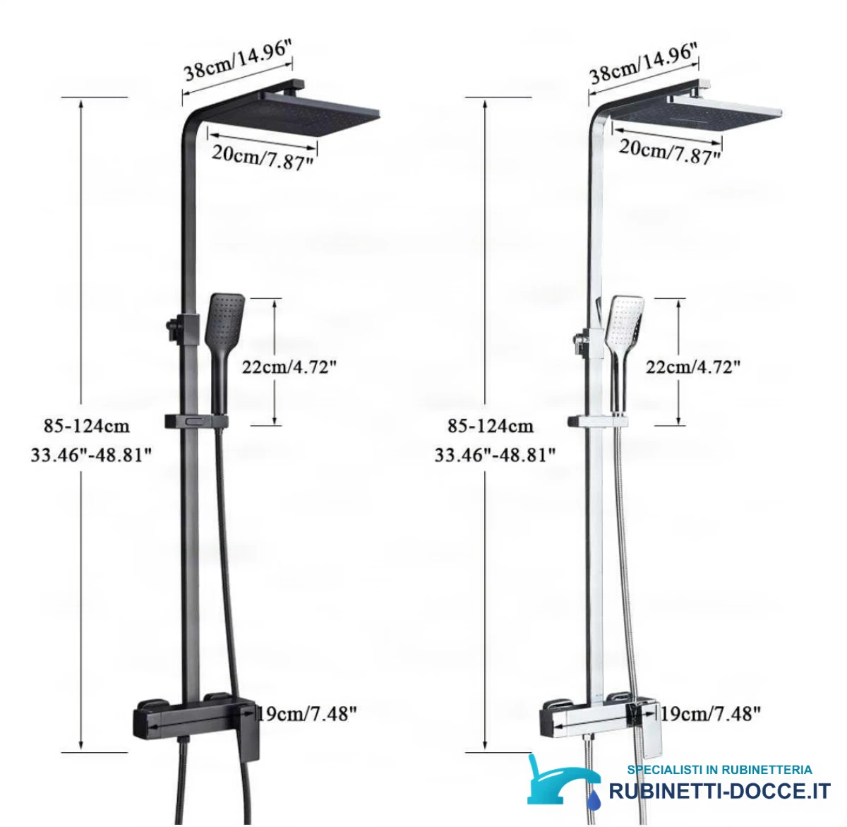 Disegno tecnico sistema doccia esterno BT1048 (85-124 cm, soffione 20 cm)