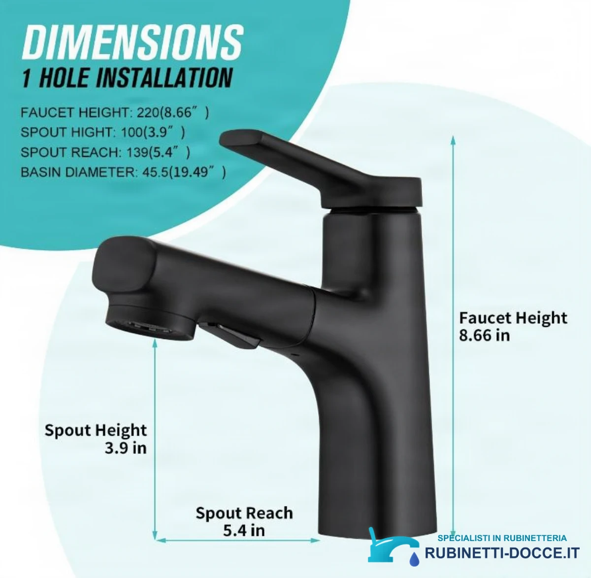 Rubinetto da bagno EYN IZK1444 con doccetta estraibile, in cromo o nero opaco