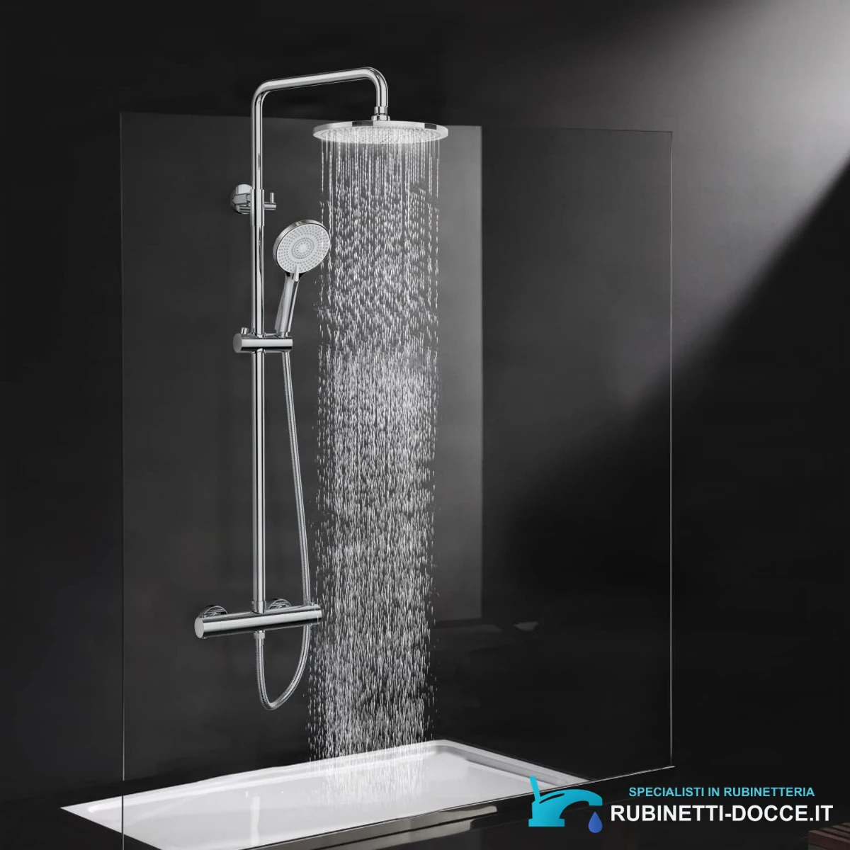 Sistema doccia Rainsworth ELITE EDITION BSE1603 in uso davanti a una parete doccia nera