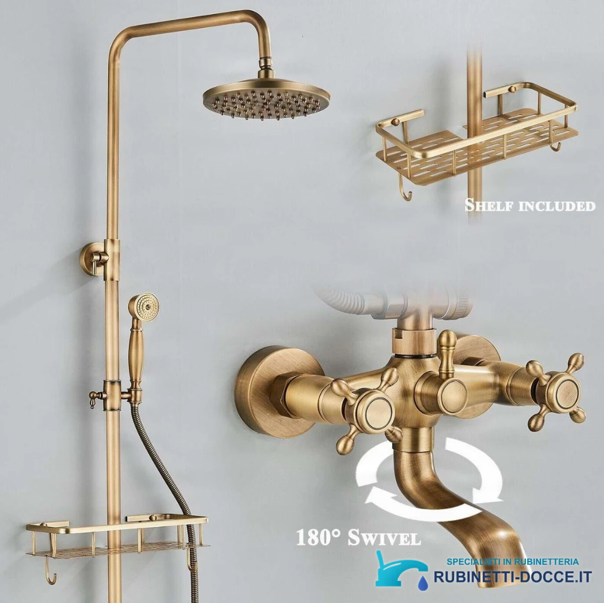 Sistema doccia esterno EYN woo-3100 AT1442 con bocca girevole, in ottone antico, bronzo antico e altre finiture