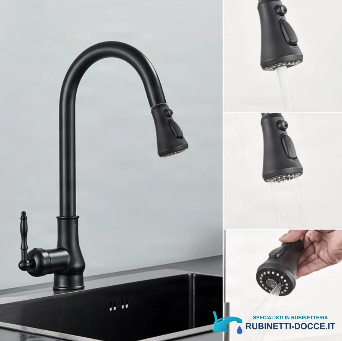 Rubinetto da cucina estraibile EYN KS1448 in nero opaco