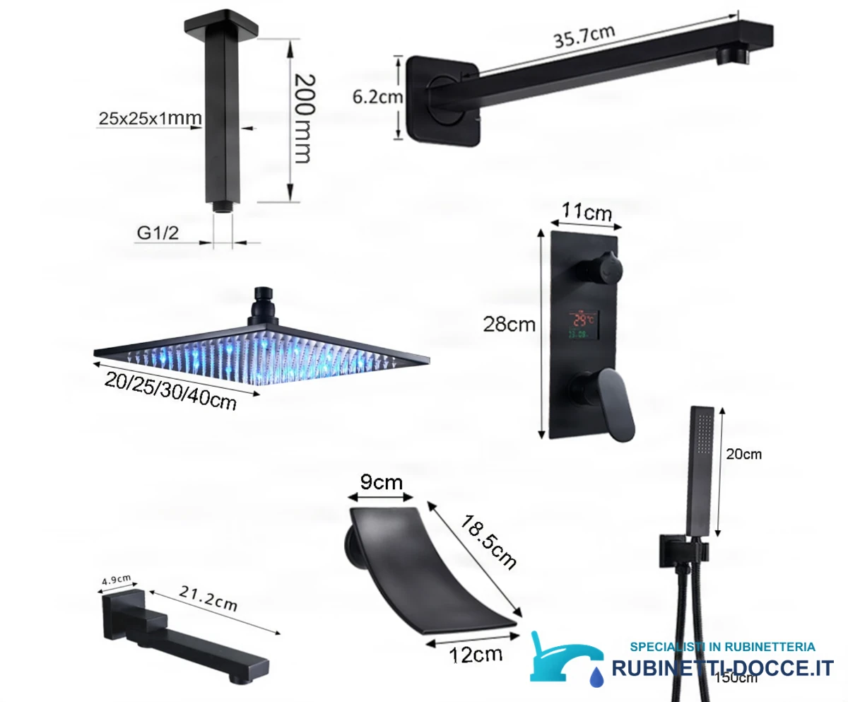 Sistema doccia da incasso EYN PT1036 con LED e getto a cascata, nelle finiture nero e nero opaco