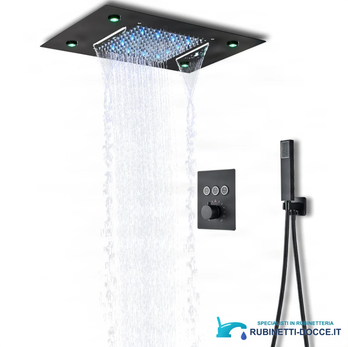 Sistema doccia da incasso EYN PT8899 con LED, termostato, cascata e getti multipli, in più finiture tra cui nero opaco e cromo