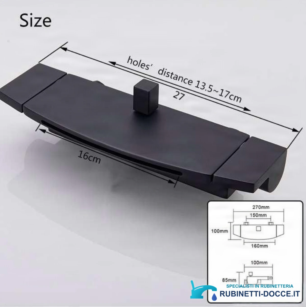 Misure del miscelatore ZP1920: larghezza 27 cm e interasse 13,5–17 cm