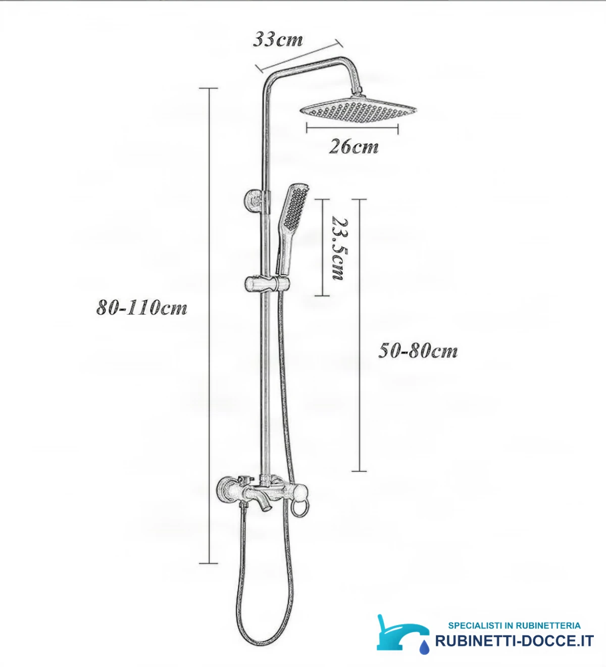 Disegno tecnico del sistema doccia EYN BSE1250 (80–110 cm, soffione 26 cm)