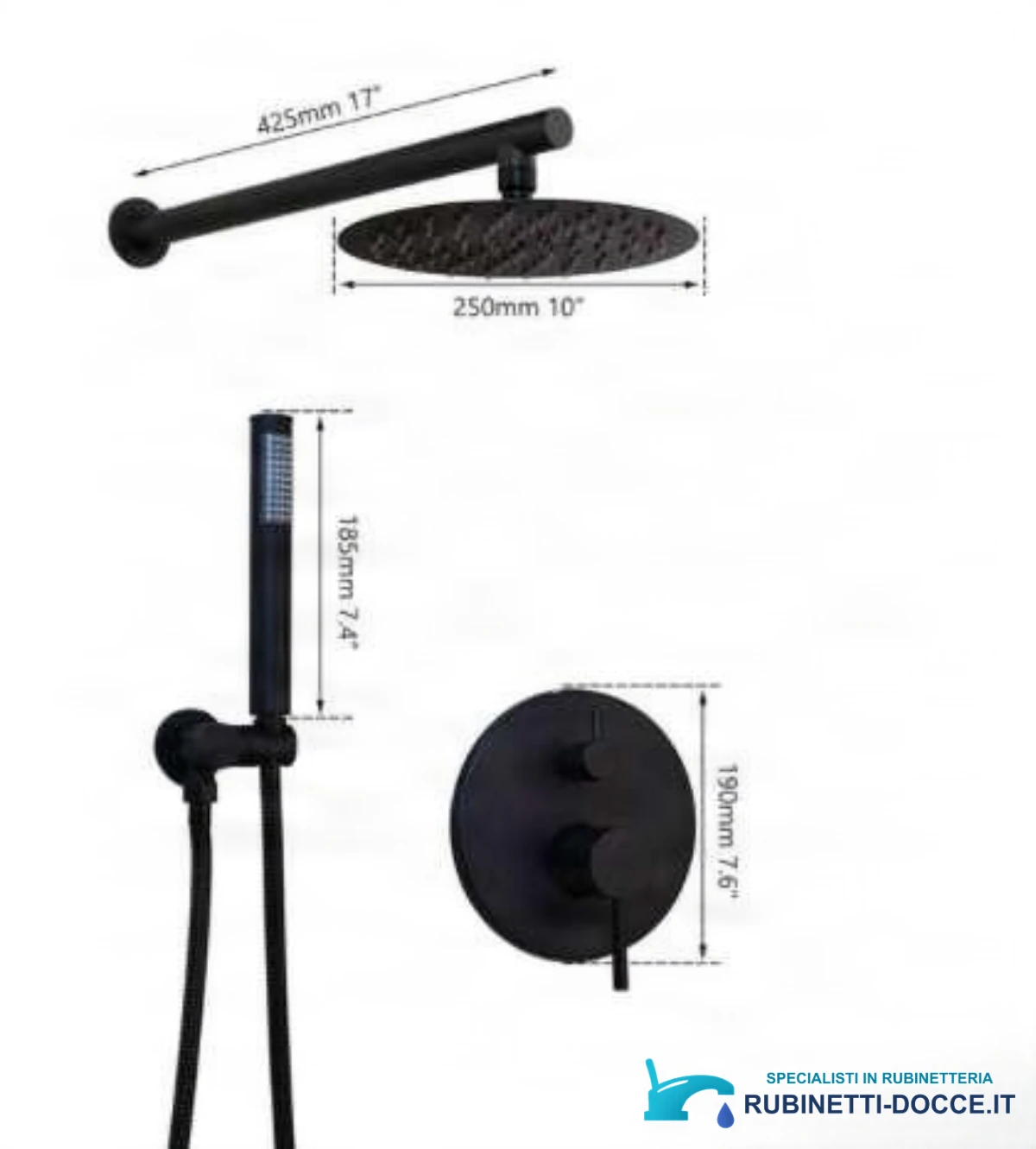 Sistema doccia a incasso EYN BP1225 a due uscite, finiture nero opaco, nero e nero opaco con ugelli bianchi