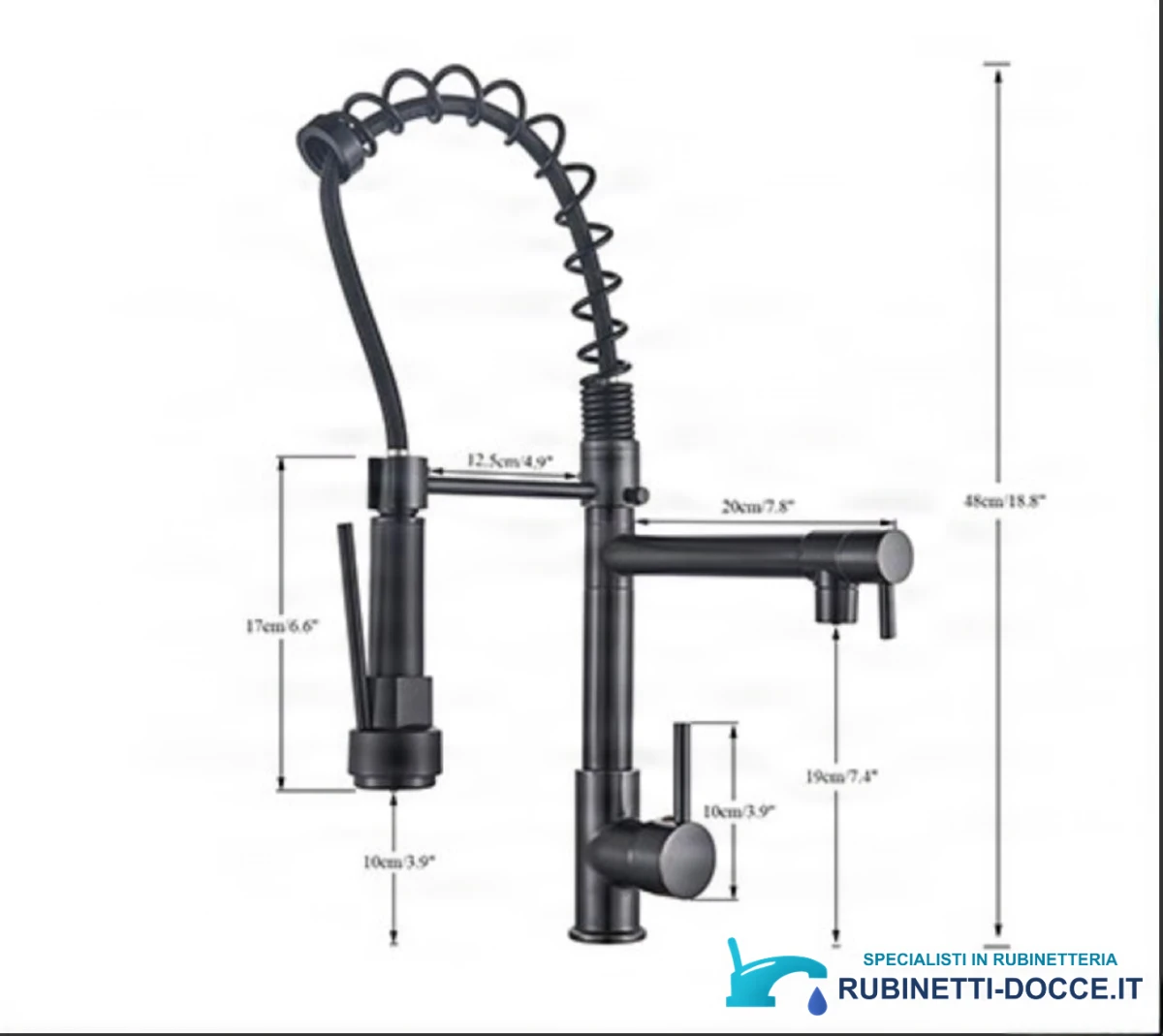 Disegno tecnico del miscelatore 0141b: altezza 48 cm, profondità 20 cm, bocca 19 cm