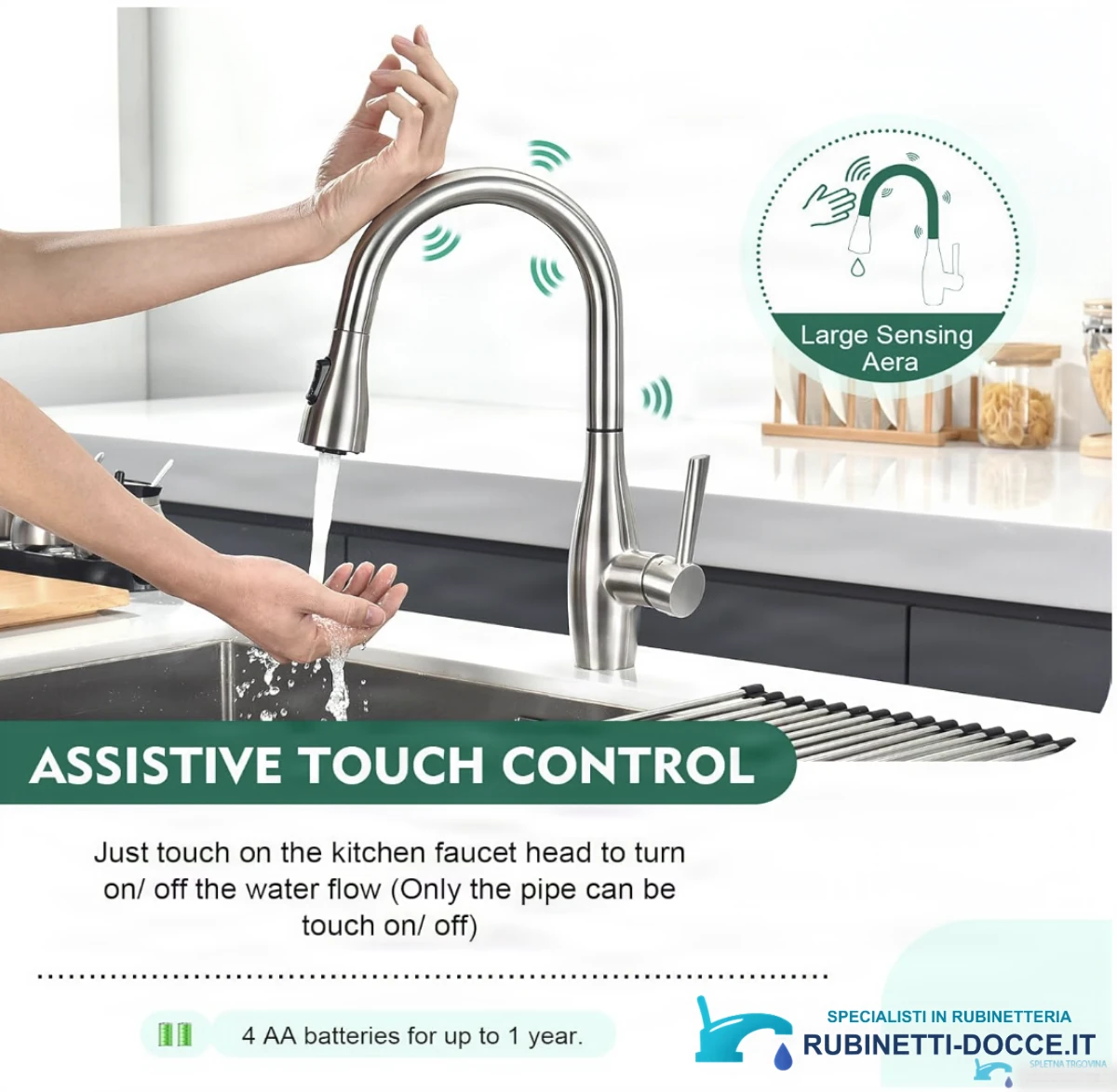 Specifiche del rubinetto smart KFS1428: comando touch e ampia area di rilevamento