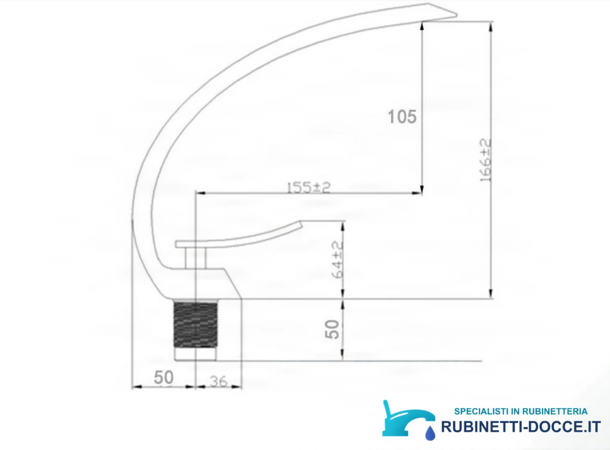 Disegno tecnico del rubinetto semicircolare KA72932 da 166 × 155 mm