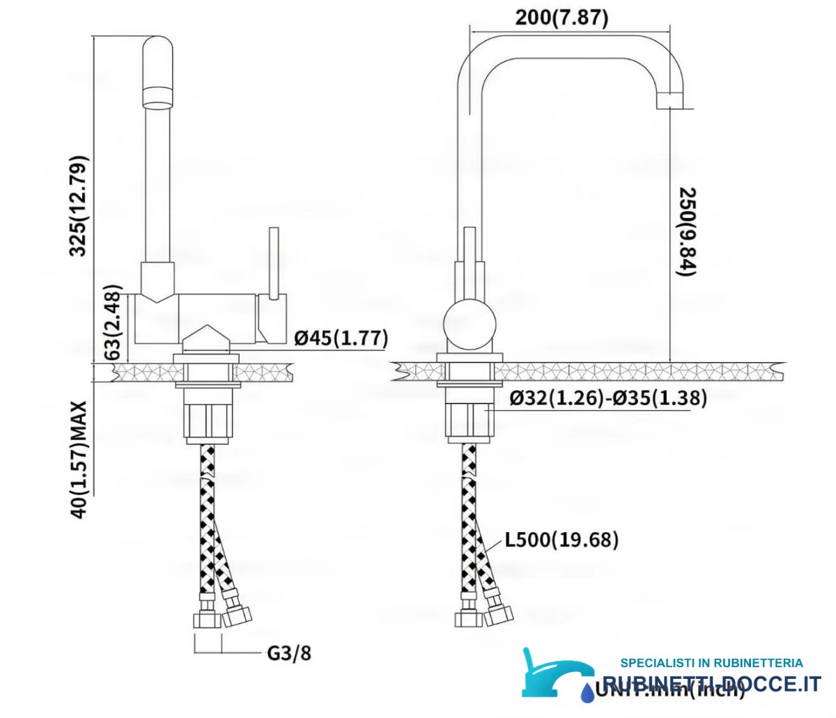 Disegno tecnico del miscelatore cucina PA13536 (325 × 200 mm, raccordi G3/8)