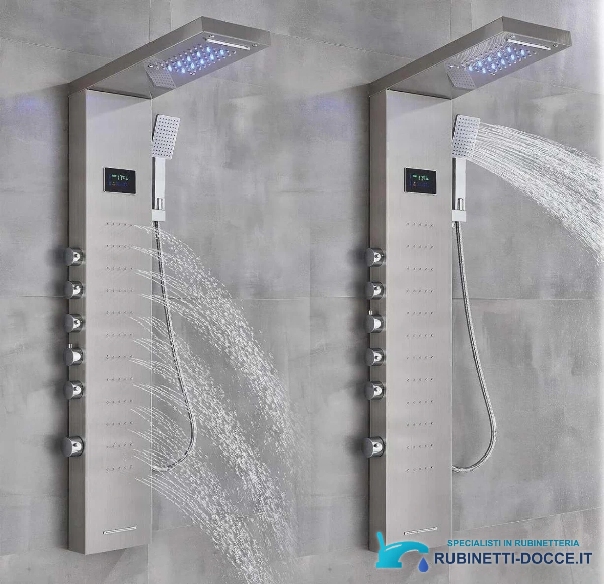 Sistema doccia a parete EYN con display LED BSP2040 in finitura argento spazzolato