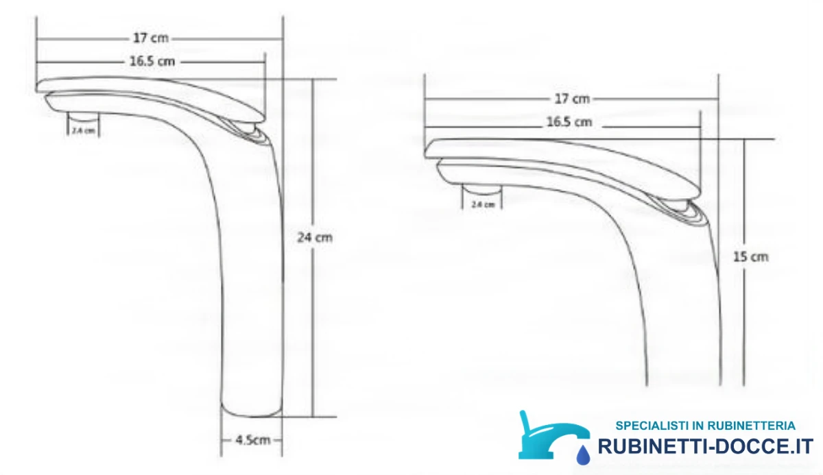 Disegno tecnico del rubinetto KAB6116 con altezze di 15 e 24 cm