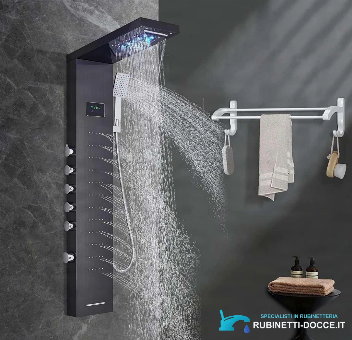 Sistema doccia a parete EYN BSP2040 in uso in un bagno moderno scuro