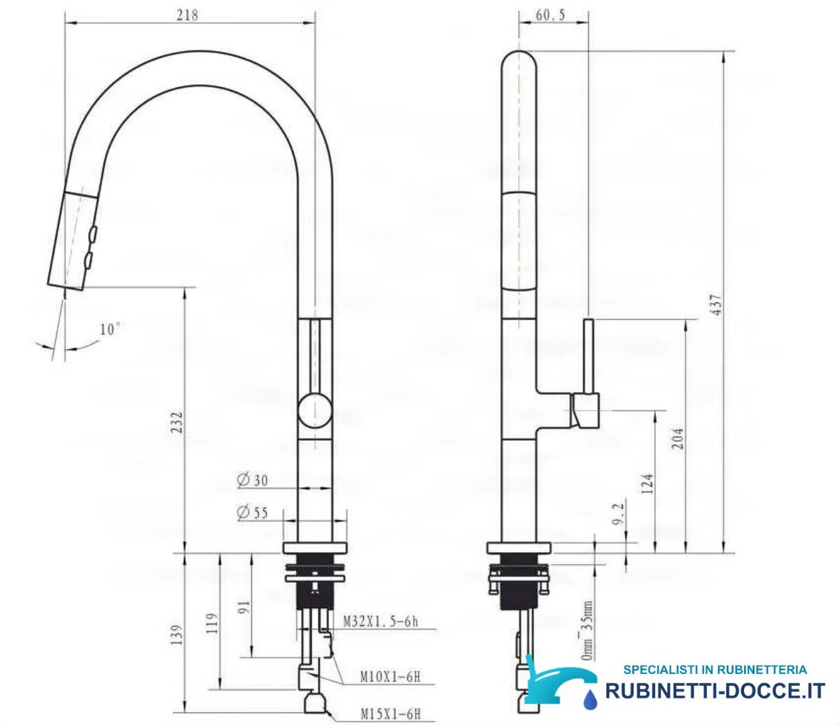Rubinetto da cucina woo-13826 con doccetta estraibile, bocca girevole e finiture cromatiche multiple
