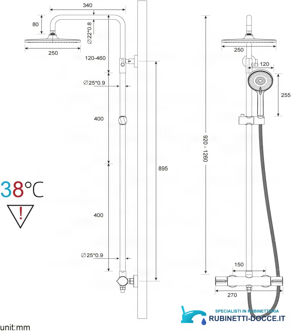 Disegno tecnico sistema doccia Rainsworth ELITE EDITION BSE1603 (920–1260 mm, soffione Ø 250 mm)