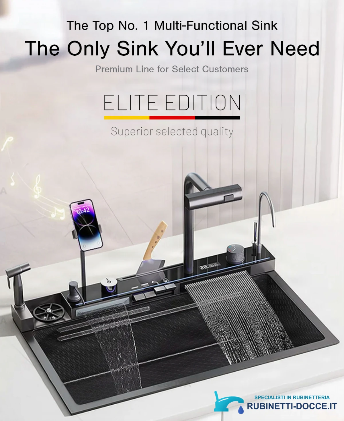 Rubinetto da cucina ELITE EDITION KS2299 multifunzione con doccetta estraibile, getto a cascata e LED, in più finiture