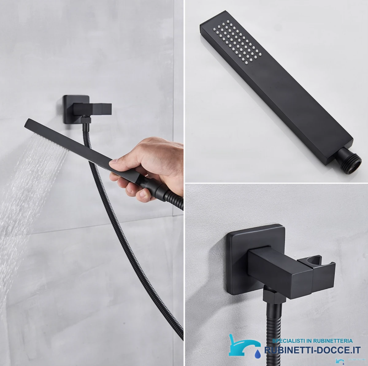 Sistema doccia da incasso EYN PT1036 con LED e getto a cascata, nelle finiture nero e nero opaco