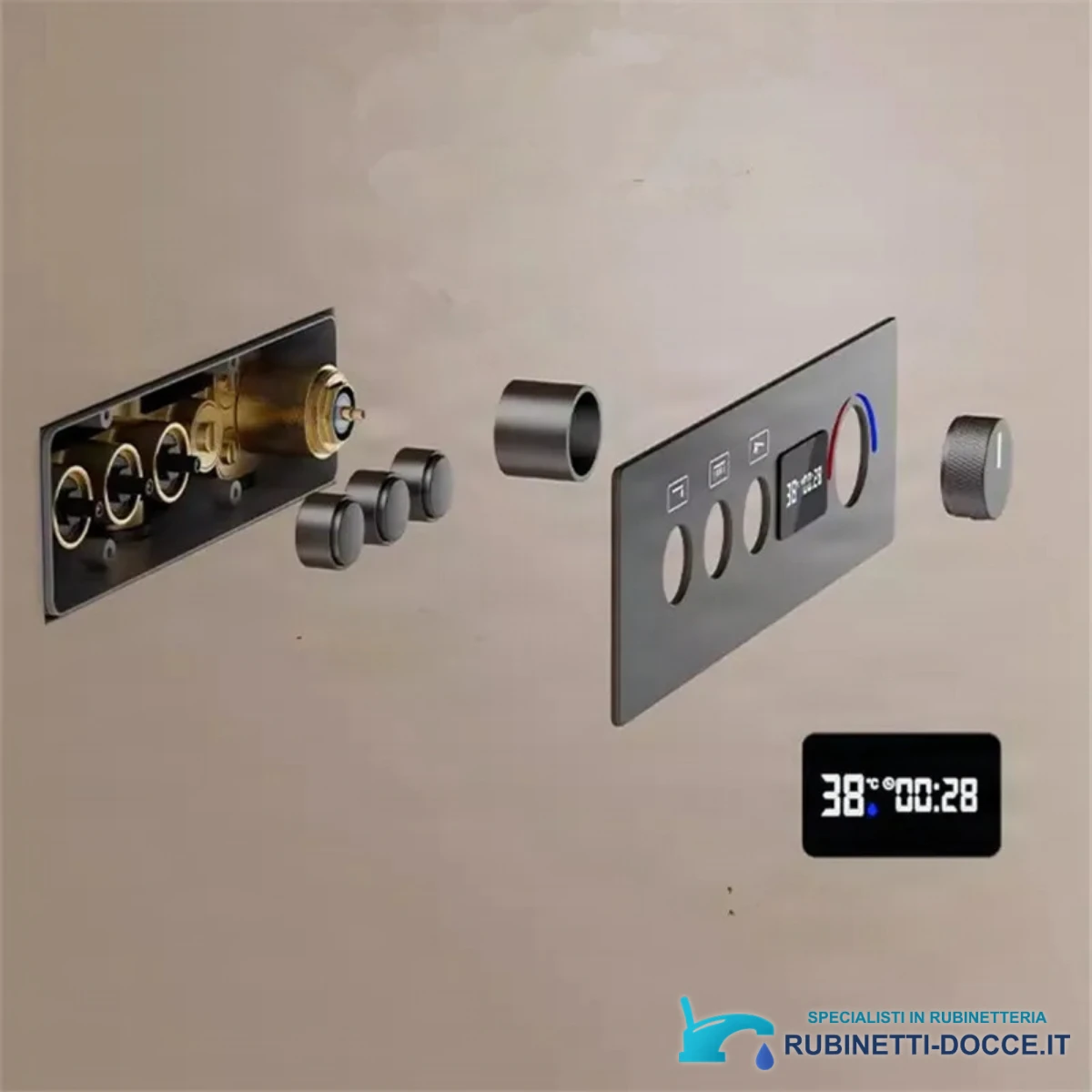 Struttura del set doccia BCS1698 con corpo da incasso, placca di comando e display della temperatura
